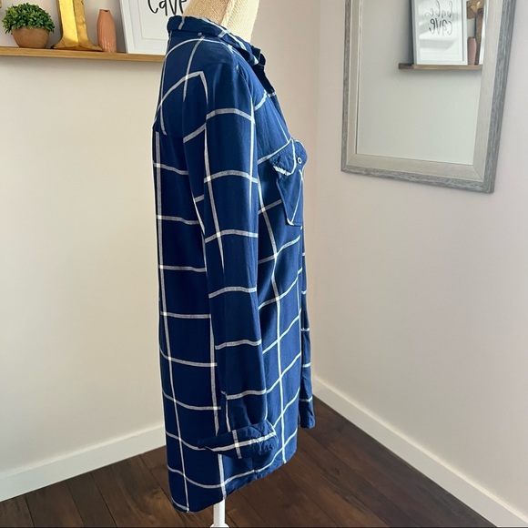 Navy Blue Windowpane Plaid Tunic Button Down ShirtDress - Picture 4 of 10